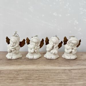 Brinn Bisque Vintage Set Of 4 Angels Christmas Ornaments Gold Wings 3 1/4”